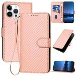 For iPhone 12 Pro Max YX0070 Carbon Fiber Buckle Leather Phone Case with Lanyard(Pink)