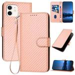 For iPhone 12 mini YX0070 Carbon Fiber Buckle Leather Phone Case with Lanyard(Pink)