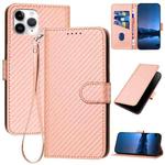 For iPhone 11 Pro YX0070 Carbon Fiber Buckle Leather Phone Case with Lanyard(Pink)