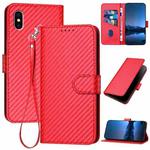 For iPhone X / XS YX0070 Carbon Fiber Buckle Leather Phone Case with Lanyard(Red)