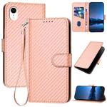 For iPhone XR YX0070 Carbon Fiber Buckle Leather Phone Case with Lanyard(Pink)