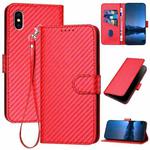 For iPhone XS Max YX0070 Carbon Fiber Buckle Leather Phone Case with Lanyard(Red)