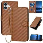 For iPhone 16 Plus YX0070 Carbon Fiber Buckle Leather Phone Case with Lanyard(Coffee)