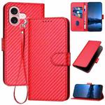 For iPhone 16 YX0070 Carbon Fiber Buckle Leather Phone Case with Lanyard(Red)