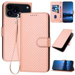 For iPhone 17 Pro Max YX0070 Carbon Fiber Buckle Leather Phone Case with Lanyard(Pink)