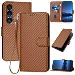 For Sony Xperia 1 VII YX0070 Carbon Fiber Buckle Leather Phone Case with Lanyard(Coffee)