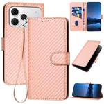 For Tecno Spark 40 4G YX0070 Carbon Fiber Buckle Leather Phone Case with Lanyard(Pink)