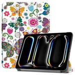 For iPad Pro 11 2024 Custer Painted 3-Fold Holder Smart Leather Tablet Case with Pen Tray(Color Butterfly)