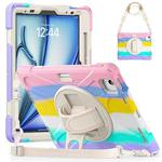 For iPad Air 11 2024 Rotatable Holder Silicone Hybrid PC Tablet Case with Shoulder Strap(Colorful Pink)