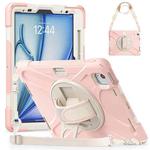 For iPad Air 11 2024 Rotatable Holder Silicone Hybrid PC Tablet Case with Shoulder Strap(Cherry Blossom Pink)