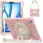 For iPad Air 13 2024 Rotatable Holder Silicone Hybrid PC Tablet Case with Shoulder Strap(Cherry Blossom Pink)