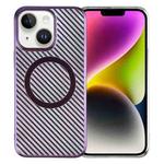 For iPhone 14 Plus 6D Plated Carbon Fiber Clear Magsafe PC Phone Case(Aurora Purple)