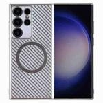 For Samsung Galaxy S23 Ultra 5G 6D Plated Carbon Fiber Clear Magsafe PC Phone Case(Starlight Silver)