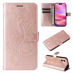 For iPhone 16 3D Butterfly Embossed Pattern Flip Leather Phone Case(Rose Gold)