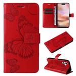 For iPhone 16 Plus 3D Butterfly Embossed Pattern Flip Leather Phone Case(Red)