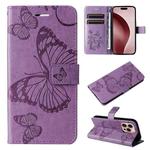 For iPhone 16 Pro 3D Butterfly Embossed Pattern Flip Leather Phone Case(Purple)