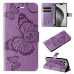 For iPhone 16 Pro Max 3D Butterfly Embossed Pattern Flip Leather Phone Case(Purple)