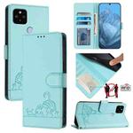 For Google Pixel 5 XL/4a 5G Cat Rat Embossed Pattern RFID Leather Phone Case with Lanyard(Mint Green)