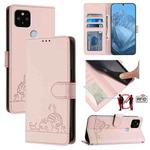 For Google Pixel 5 XL/4a 5G Cat Rat Embossed Pattern RFID Leather Phone Case with Lanyard(Pink)