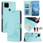 For Google Pixel 5a 5G Cat Rat Embossed Pattern RFID Leather Phone Case with Lanyard(Mint Green)