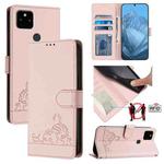 For Google Pixel 5a 5G Cat Rat Embossed Pattern RFID Leather Phone Case with Lanyard(Pink)