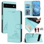 For Google Pixel 6 Cat Rat Embossed Pattern RFID Leather Phone Case with Lanyard(Mint Green)