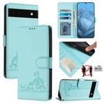 For Google Pixel 6a Cat Rat Embossed Pattern RFID Leather Phone Case with Lanyard(Mint Green)