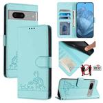 For Google Pixel 7 5G Cat Rat Embossed Pattern RFID Leather Phone Case with Lanyard(Mint Green)