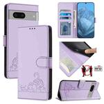 For Google Pixel 7 5G Cat Rat Embossed Pattern RFID Leather Phone Case with Lanyard(Purple)