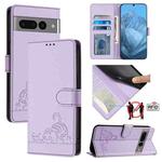 For Google Pixel 7 Pro 5G Cat Rat Embossed Pattern RFID Leather Phone Case with Lanyard(Purple)