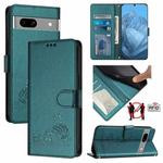 For Google Pixel 7a Cat Rat Embossed Pattern RFID Leather Phone Case with Lanyard(Peacock Green)