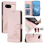 For Google Pixel 8 Cat Rat Embossed Pattern RFID Leather Phone Case with Lanyard(Pink)