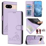 For Google Pixel 8 Cat Rat Embossed Pattern RFID Leather Phone Case with Lanyard(Purple)
