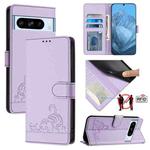 For Google Pixel 8 Pro Cat Rat Embossed Pattern RFID Leather Phone Case with Lanyard(Purple)