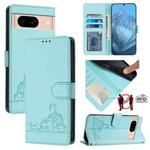 For Google Pixel 8a Cat Rat Embossed Pattern RFID Leather Phone Case with Lanyard(Mint Green)