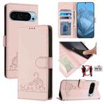 For Google Pixel 9 5G Cat Rat Embossed Pattern RFID Leather Phone Case with Lanyard(Pink)