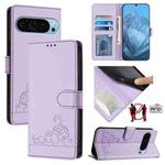 For Google Pixel 9 5G Cat Rat Embossed Pattern RFID Leather Phone Case with Lanyard(Purple)