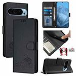 For Google Pixel 9 Pro 5G Cat Rat Embossed Pattern RFID Leather Phone Case with Lanyard(Black)