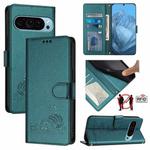 For Google Pixel 9 Pro 5G Cat Rat Embossed Pattern RFID Leather Phone Case with Lanyard(Peacock Green)