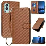 For OnePlus Nord 2 5G YX0070 Carbon Fiber Buckle Leather Phone Case with Lanyard(Coffee)