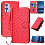 For OnePlus 9 YX0070 Carbon Fiber Buckle Leather Phone Case with Lanyard(Red)