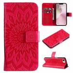 For iPhone SE 2024 Embossed Sunflower Pattern Flip Leather Phone Case(Red)