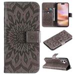 For iPhone 16 Plus Embossed Sunflower Pattern Flip Leather Phone Case(Grey)
