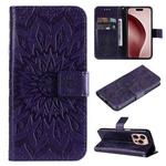 For iPhone 16 Pro Embossed Sunflower Pattern Flip Leather Phone Case(Purple)