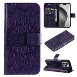 For iPhone 16 Pro Max Embossed Sunflower Pattern Flip Leather Phone Case(Purple)