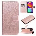 For Samsung Galaxy M62 / F62 Embossed Sunflower Pattern Flip Leather Phone Case(Rose Gold)