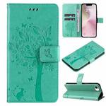 For iPhone SE 2024 Tree & Cat Embossed Pattern Flip Leather Phone Case(Green)