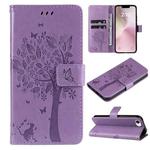 For iPhone SE 2024 Tree & Cat Embossed Pattern Flip Leather Phone Case(Light Purple)