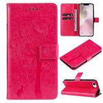 For iPhone SE 2024 Tree & Cat Embossed Pattern Flip Leather Phone Case(Rose Red)