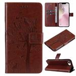 For iPhone SE 2024 Tree & Cat Embossed Pattern Flip Leather Phone Case(Coffee)